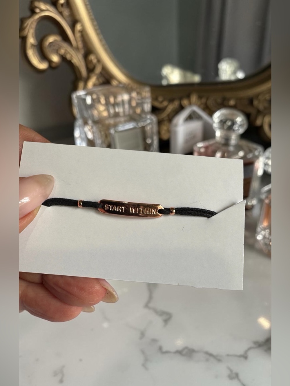 Inspiring 'Start Within' Rose Gold Bar Bracelet with Black Cord